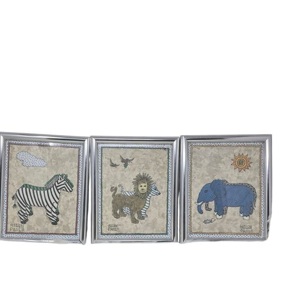 Helen Paul Bundle of 3-10" X 8" Animal Lion Zebra Elephant Signed Framed Artwork - Picture 1 of 7